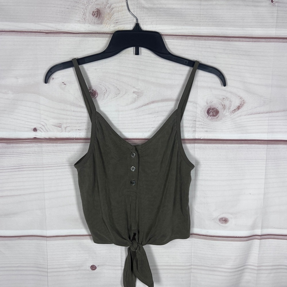 Truly Madly Deeply Tank Top Women Small Green Ribbed Tie Front Button Crop Cami